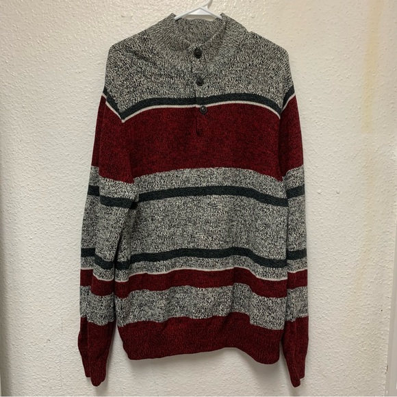 Chaps Other - Chaps Ralph Lauren Sweater Mens XL Gray Red Striped Knit Henley Button Collar